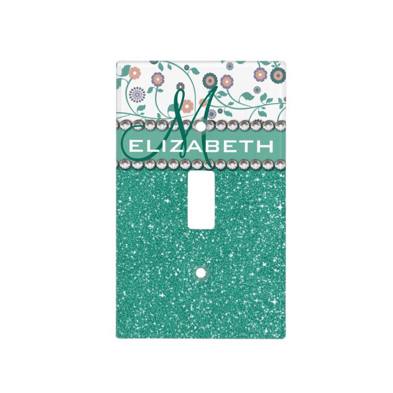 Girly Chic Mint Green Glitter Pattern With Flowers and Name Switch Plate Cover