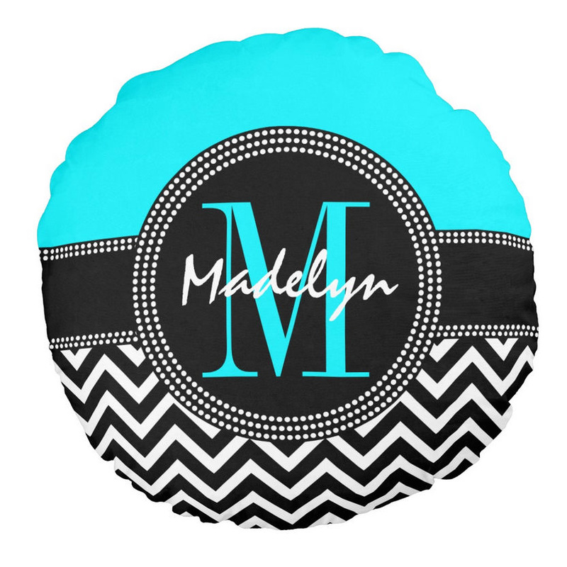 Chic Turquoise and Black Monogram and Name Chevron Pattern Round Pillow