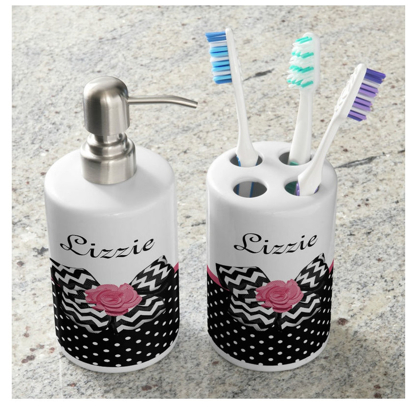 Cute Black Dots Pink Rose Chevron Bow and Name Bathroom Sets