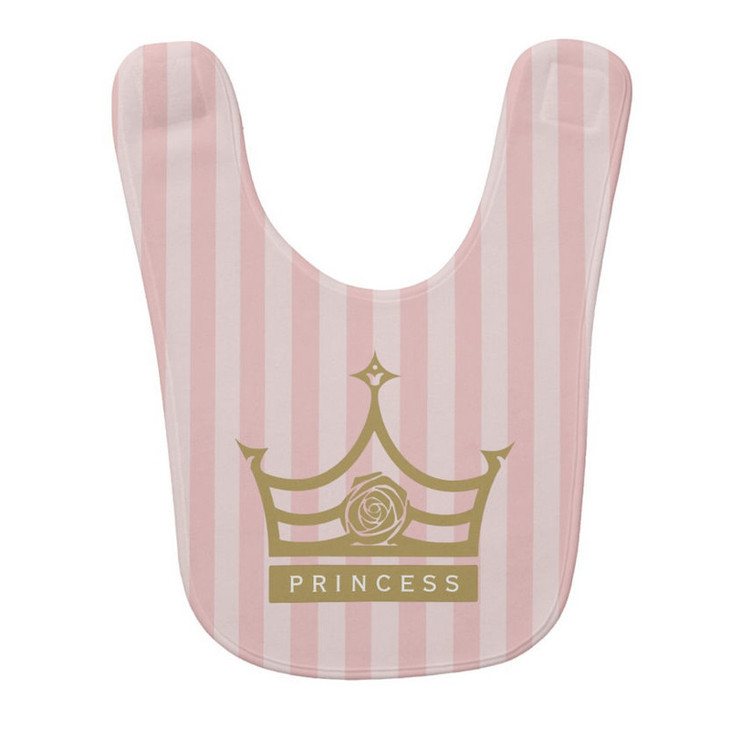 Chic Pink Stripes With Gold Colored Rose Princess Crown Baby Bib