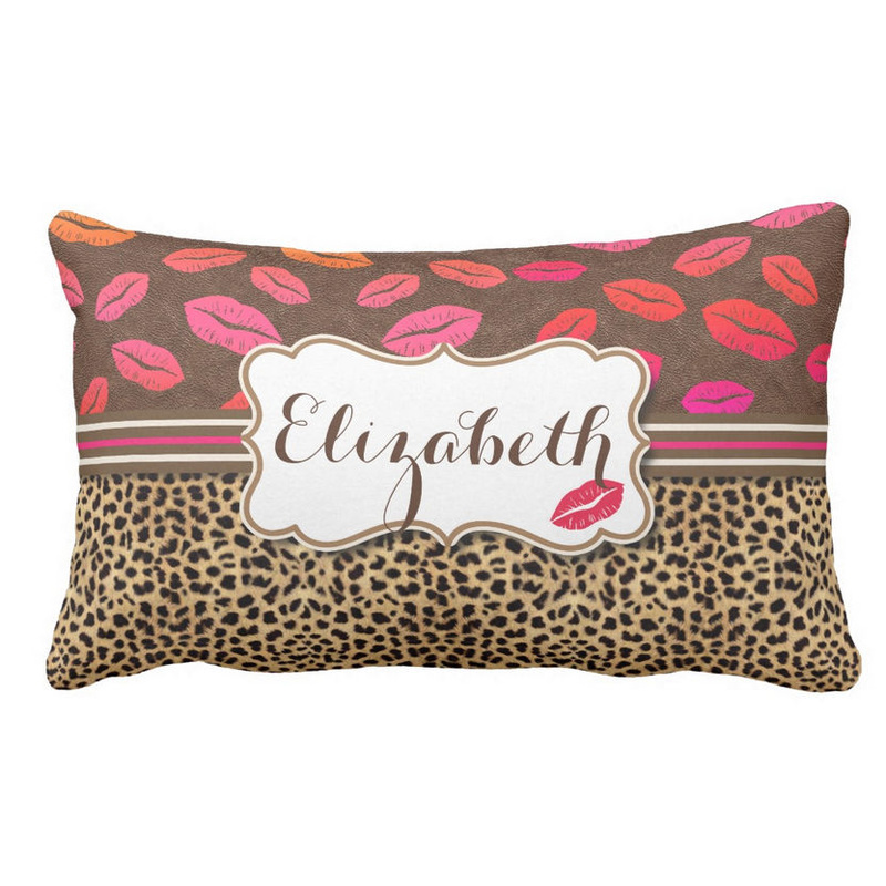 Stylish Leopard Print and Lips Kisses Pattern Personalized Lumbar Throw Pillow