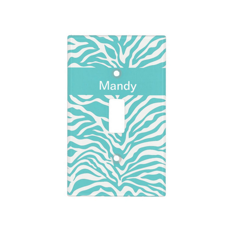 Chic Aqua and White Zebra Print With Personalized Name Light Switch Cover