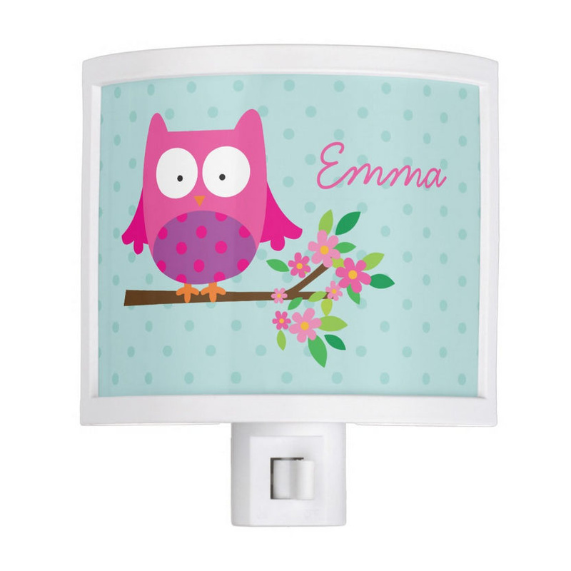 Cute Pink Owl on a Branch Mint Polka Dots Personalized Girls Name Light Night