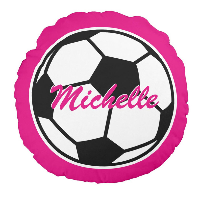 Cute and Sporty Hot Pink and Black Soccer Ball Personalized With Name Round Pillow