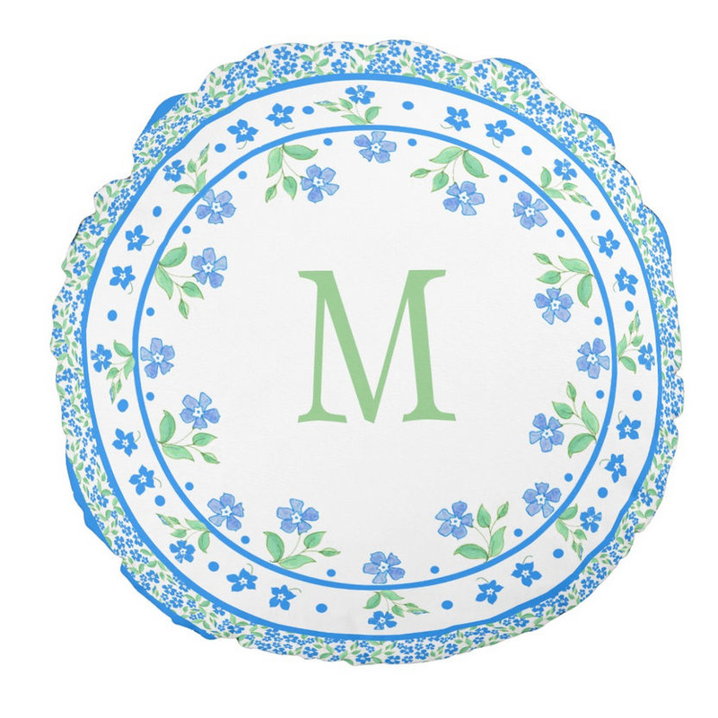 Pretty Monogrammed Blue Green Periwinkles Floral Border Round Pillow