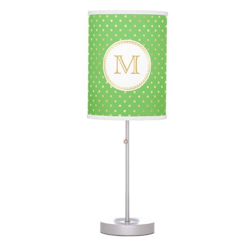 Trendy Green and Gold Polka Dots With Elegant Circle Monogram Desk Lamp