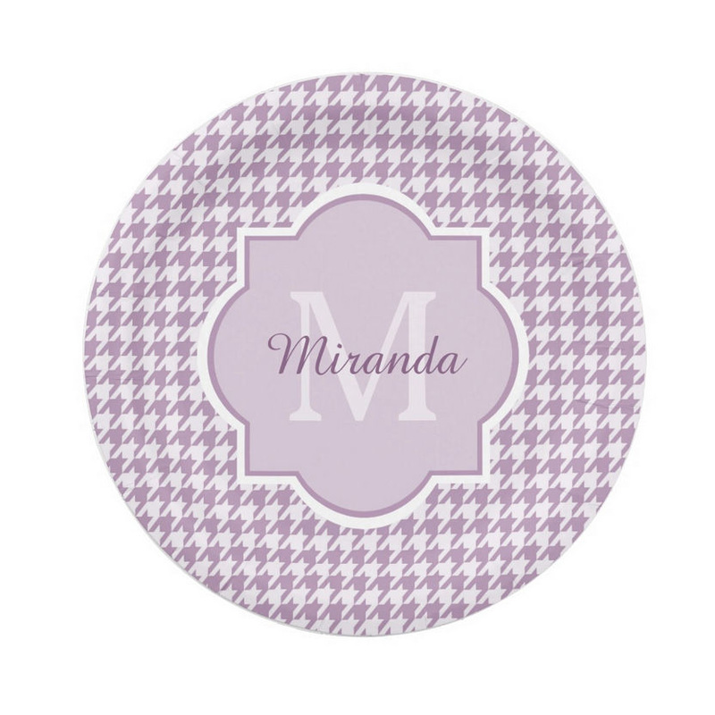 Chic Monogram Light Purple Houndstooth With Personalized Name Paper Plates