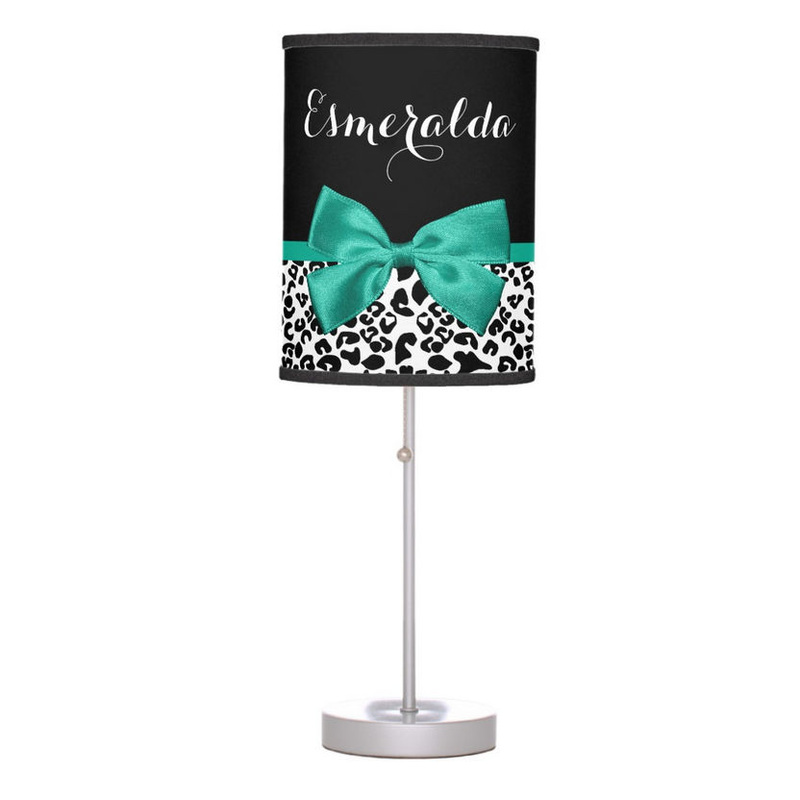 Girly Leopard Print Emerald Green Ribbon Bow With Chic Girls Name Table Lamp