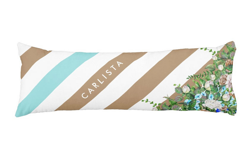 Stylish Tan and Aqua Floral and Stripes With Personalized Name Body Pillow