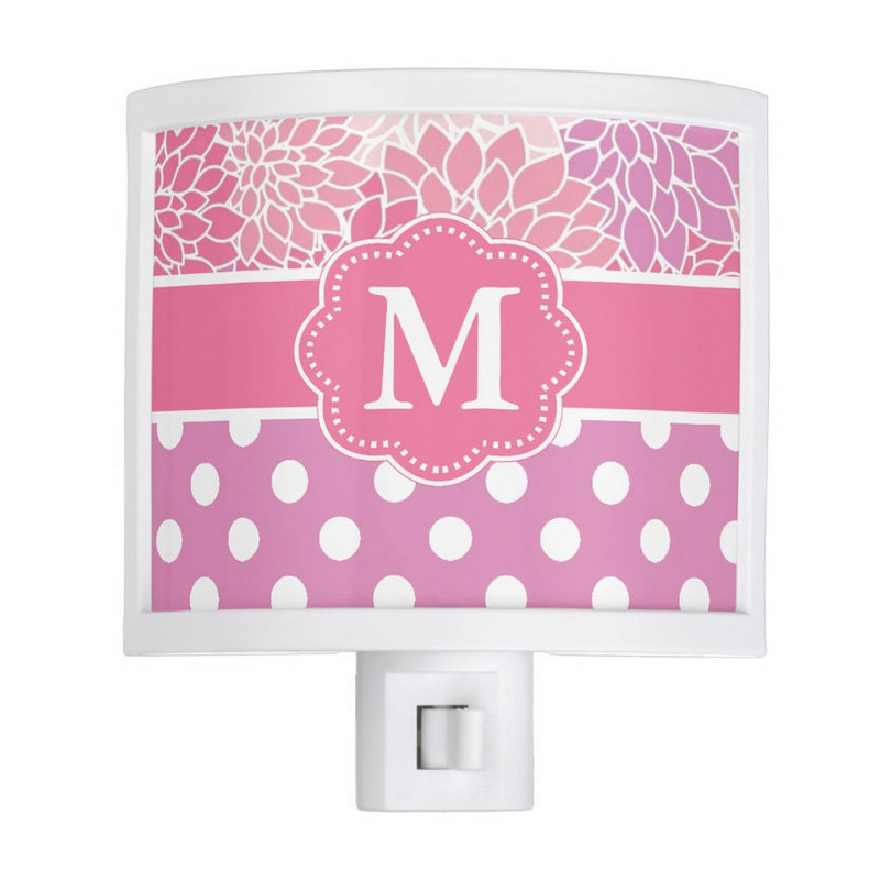 Girly Pink and Purple Floral With Polka Dots Monogrammed Nite Lite