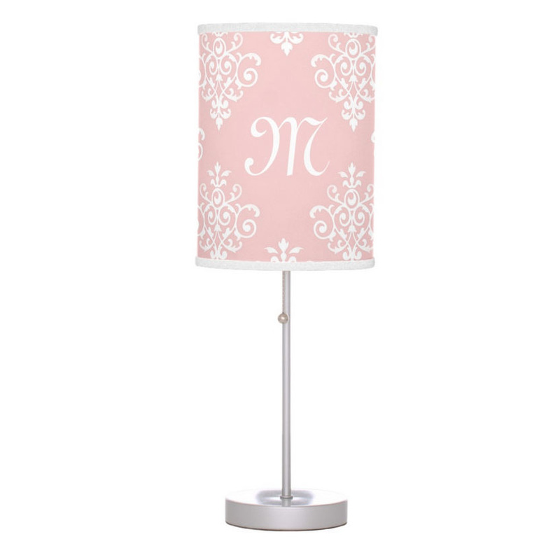 Sweet Soft Pink and White Damask With Monogram Desk Lamps