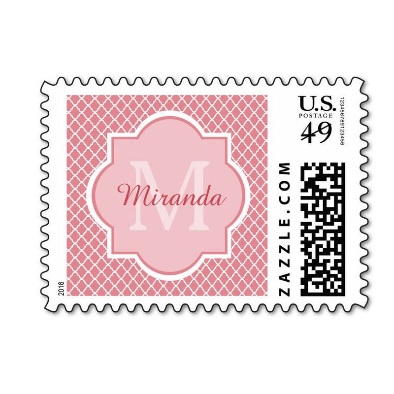 Chic Pink Quatrefoil Monogram With Name Postage Stamps