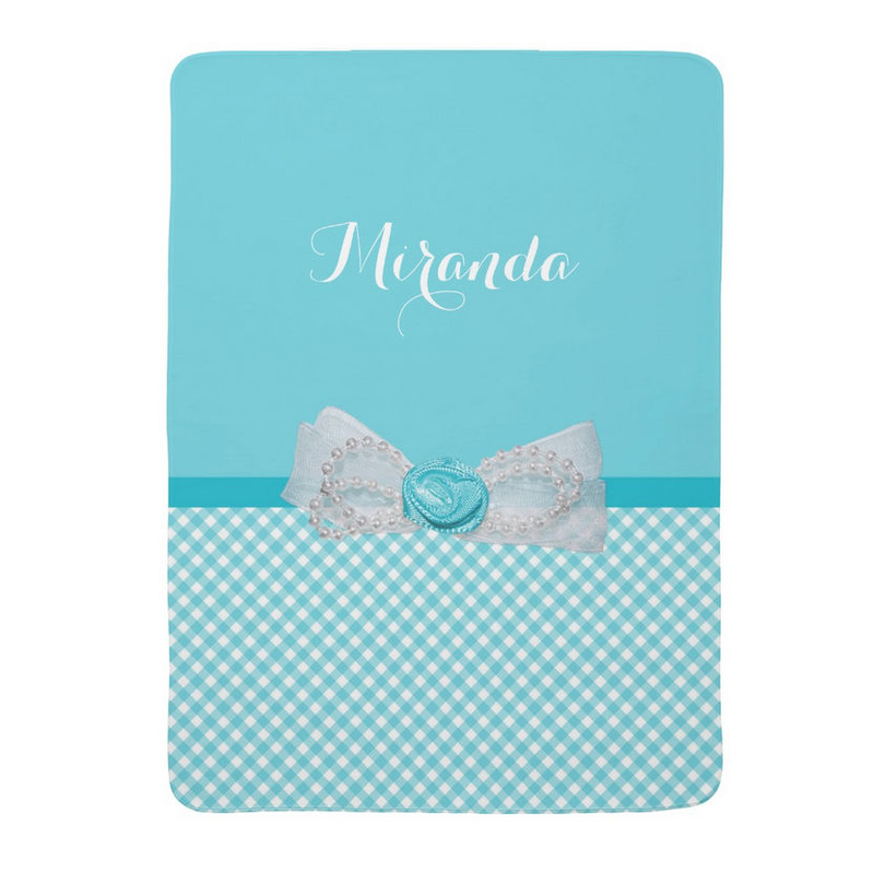Girly Aqua Gingham Cute Pearls Rose Bow With Name Baby Blankets