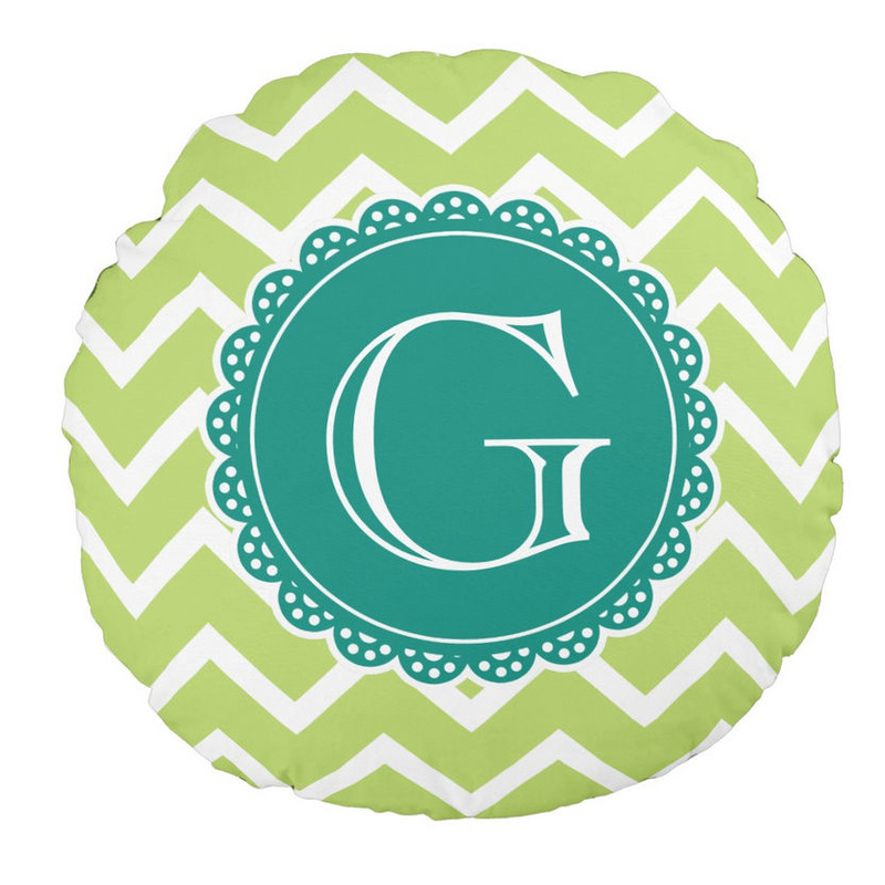 Girly Lime Chevron Lacey Circle With Teal Monogram Round Throw Pillow