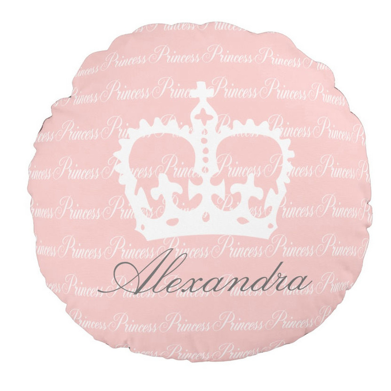 Girly Pink and White Princess Crown Custom Name Round Pillow