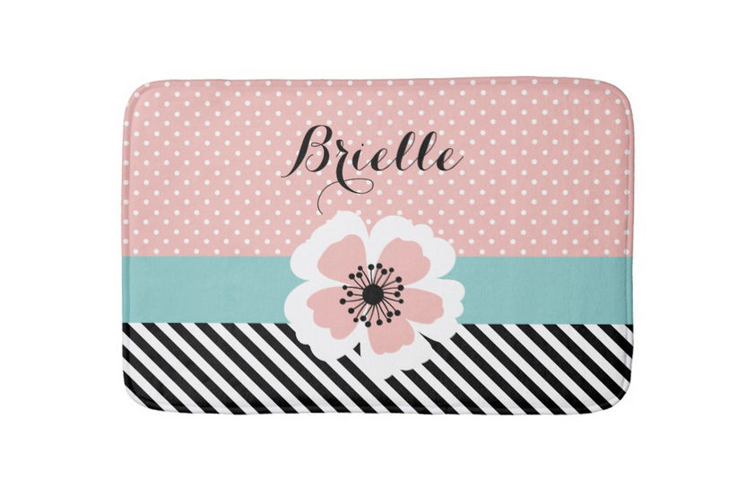 Retro Pink Polka Dots and Diagonal Stripes Flower With Name Bathroom Mat
