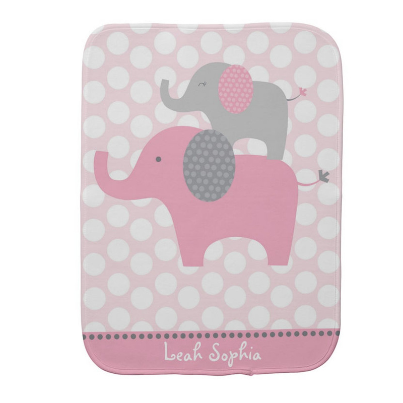 Girly Pink and Gray Elephants With Polka Dots With Baby Girl Name Burp Cloth