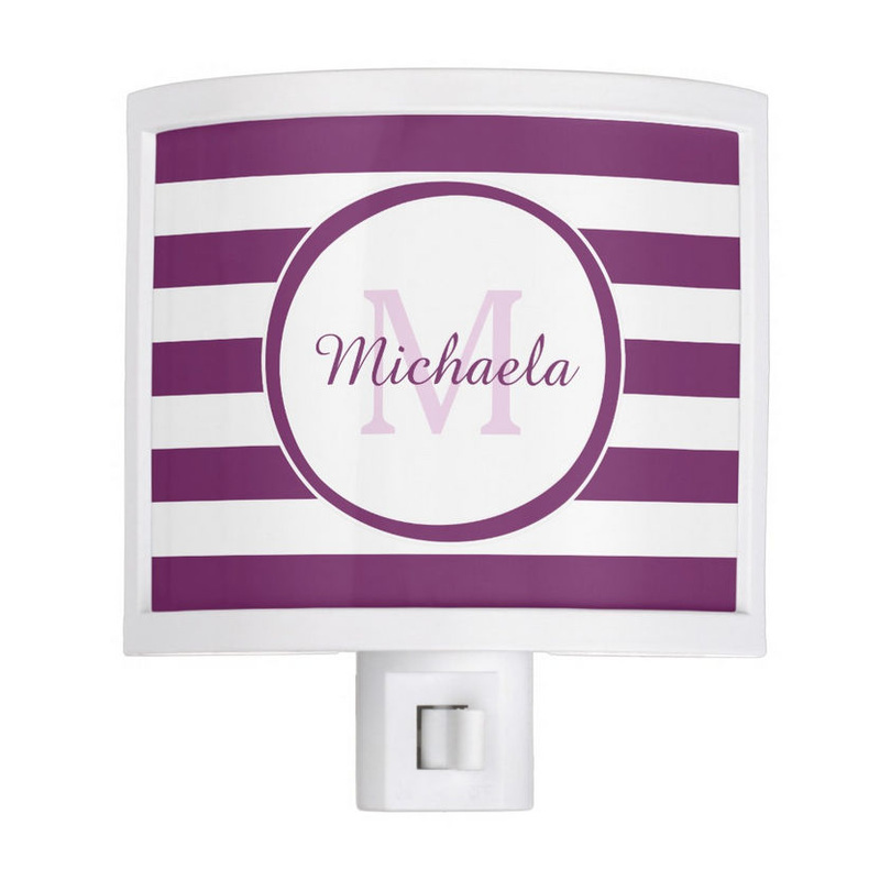 Smart Magenta Purple Rugby Stripes With Name and Monogram Night Light
