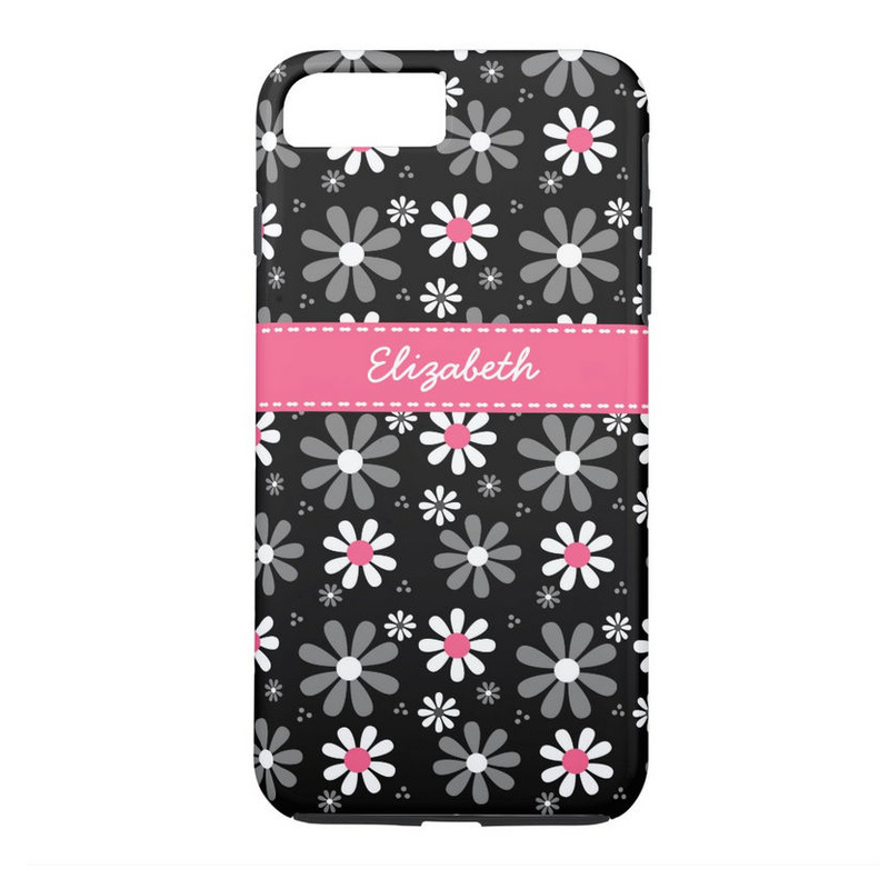 Cute Pink and Black Girly Mod Daisies With Name iPhone 7 Plus Case