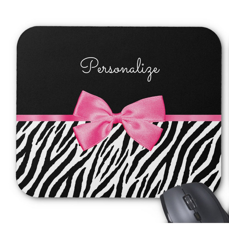 Trendy Zebra Print Chic Hot Pink Bow and Name Mouse Pad
