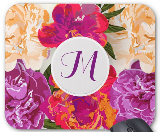 Red and Pink Watercolor Flowers Fine Floral Monogram Mouse Pad