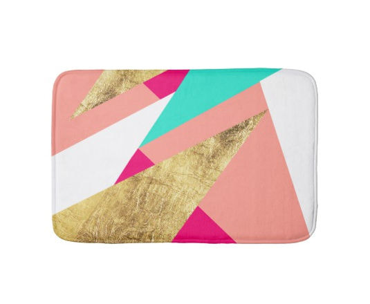 Modern Mint Coral and Gold Triangles Color Block Bath Mat