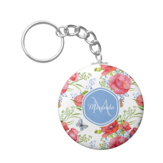 Lovely Red Poppies With Blue Butterflies and Name Keychain