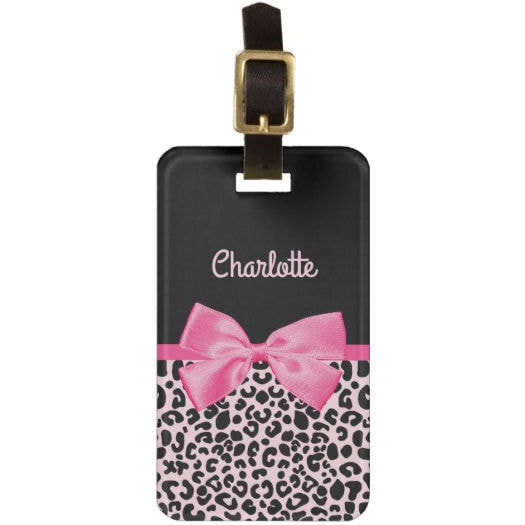 Girly Pink Black Leopard Print Cute Bow and Name Bag Tag