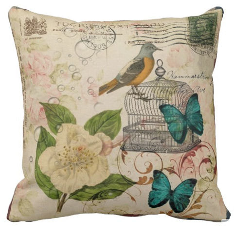 Shabby Chic Rose Botanical Birdcage French Bird Throw Pillow